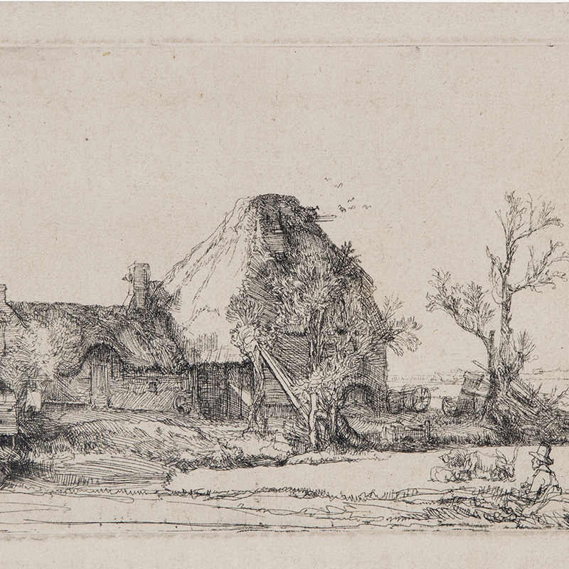 Cottage and farm buildings with a man sketching